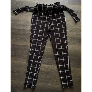 VTG Arabella Black Grid Print Tapered Pants Sz  S High Waisted With Sash 80s 90s